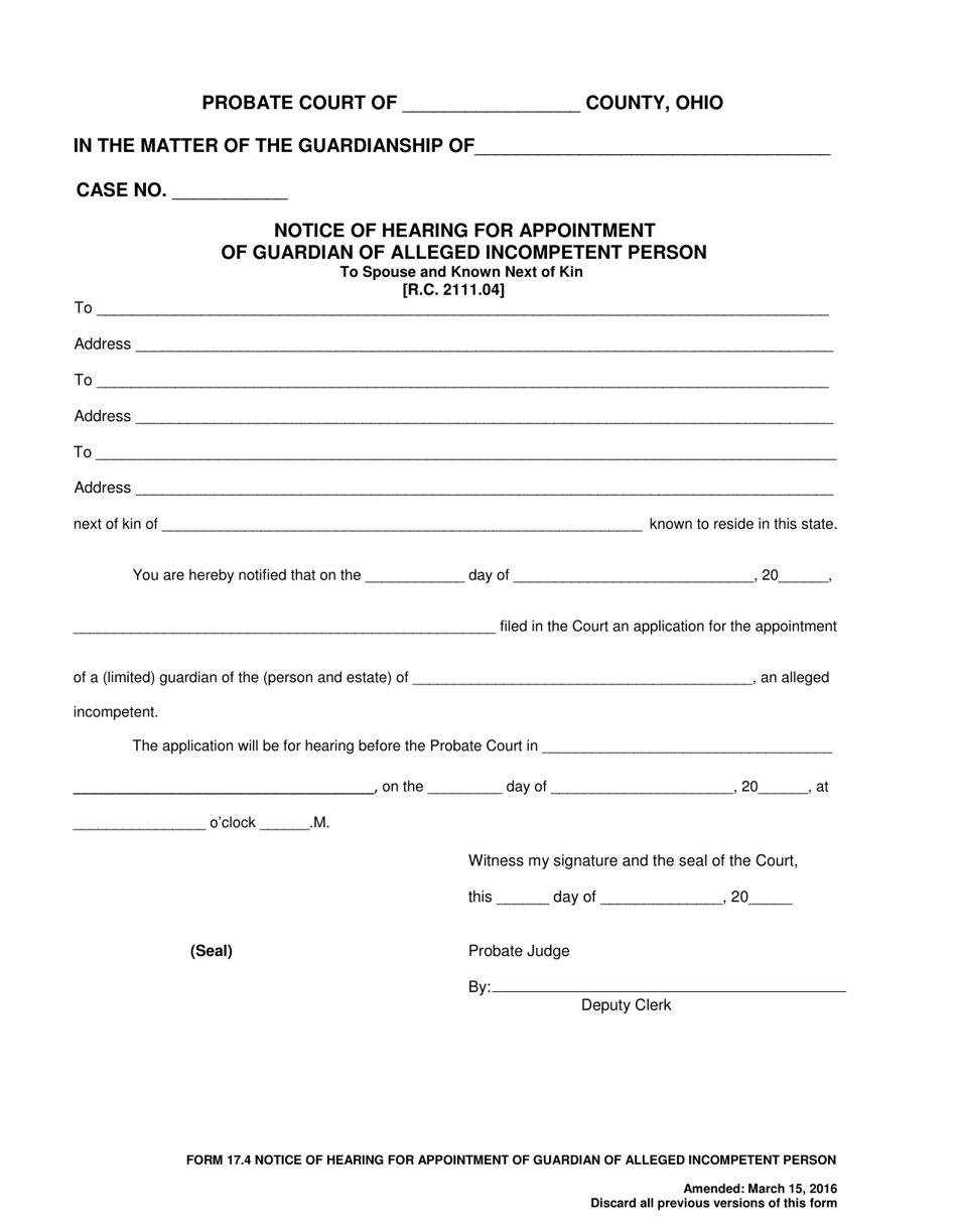 Form 17.4 Notice of Hearing for Appointment of Guardian of Alleged Incompetent Person to Spouse and Known Next of Kin - Ohio, Page 1