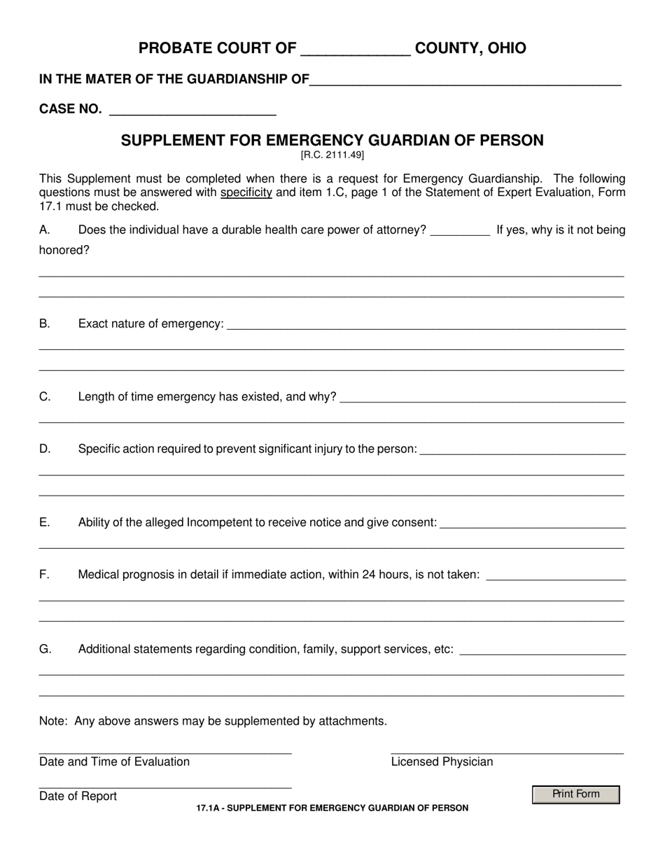 Form 17.1A Supplement for Emergency Guardian of Person - Ohio, Page 1