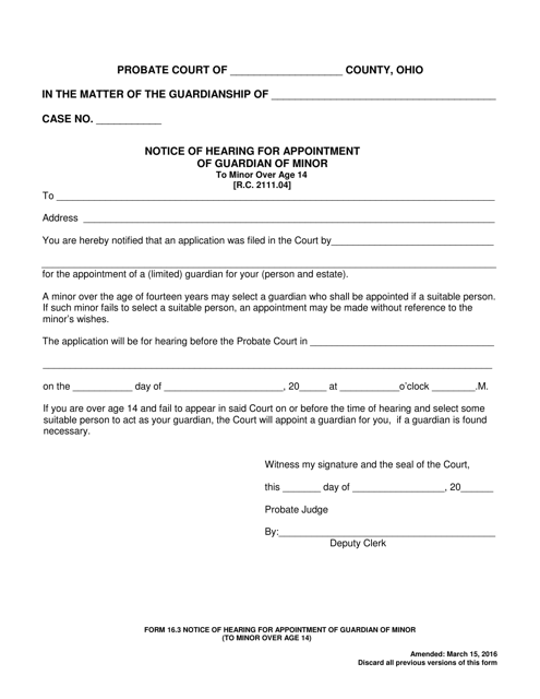 Form 16.3 Notice of Hearing for Appointment of Guardian of Minor to Minor Over Age 14 - Ohio