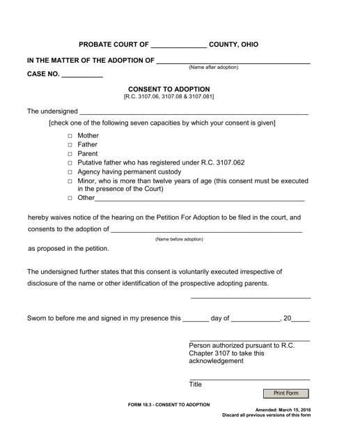 Form 18.3 Consent to Adoption - Ohio