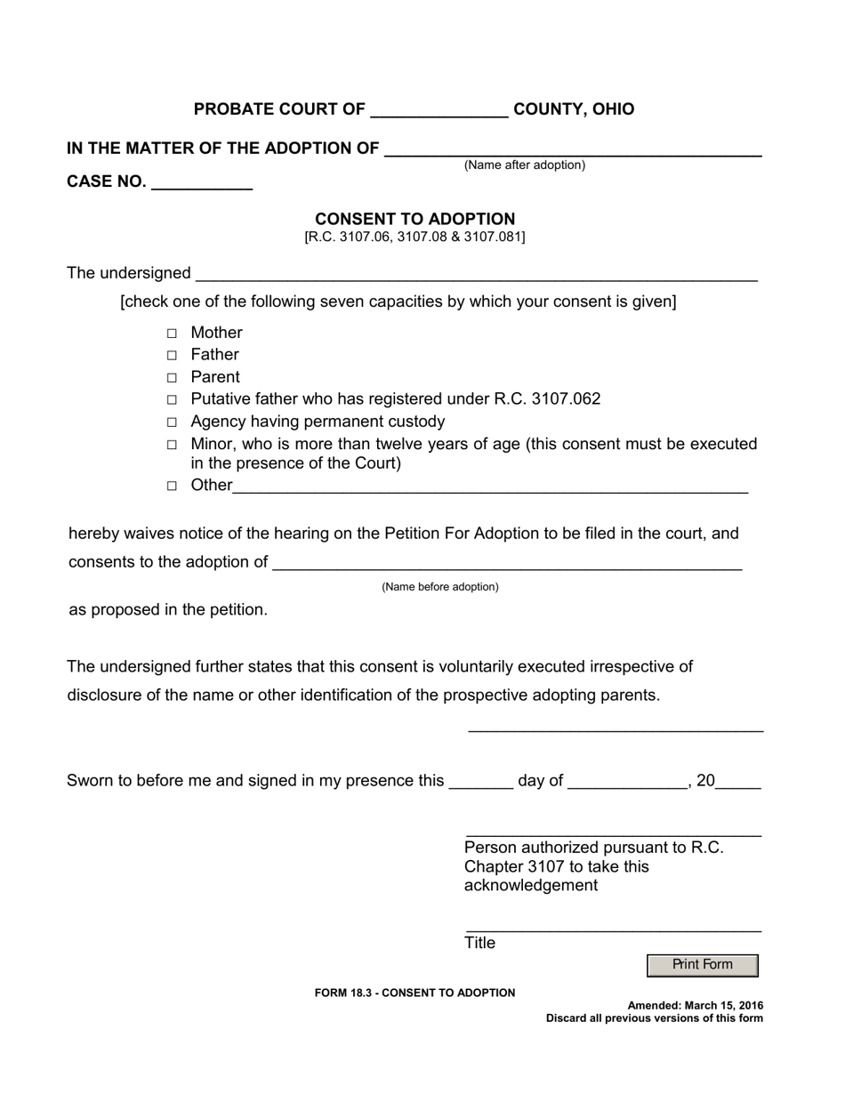 Form 18.3 Consent to Adoption - Ohio, Page 1