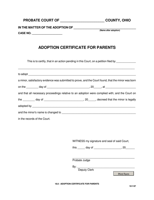 Form 18.8 Adoption Certificate for Parents - Ohio