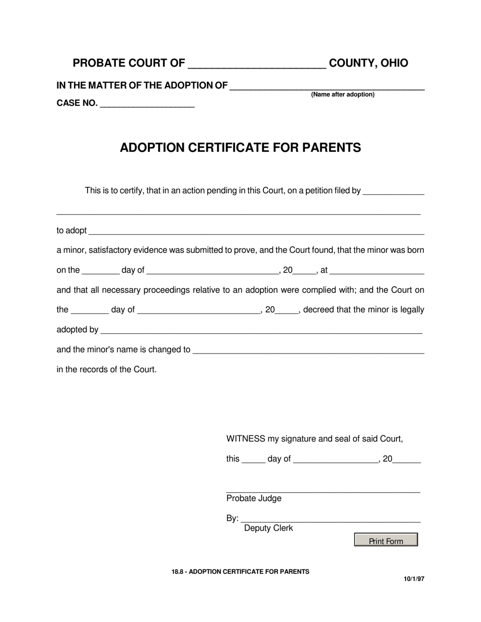 Form 18.8 Adoption Certificate for Parents - Ohio, Page 1