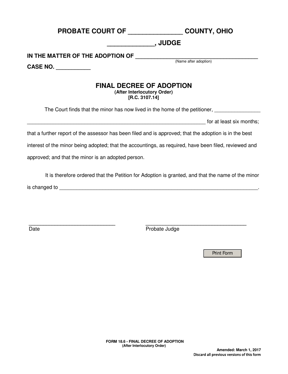 Form 18.6 Final Decree of Adoption (After Interlocutory Order) - Ohio, Page 1