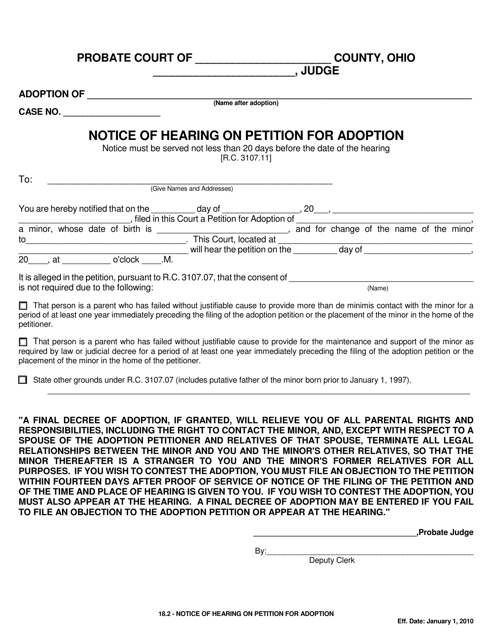 Form 18.2 Notice of Hearing on Petition for Adoption - Ohio