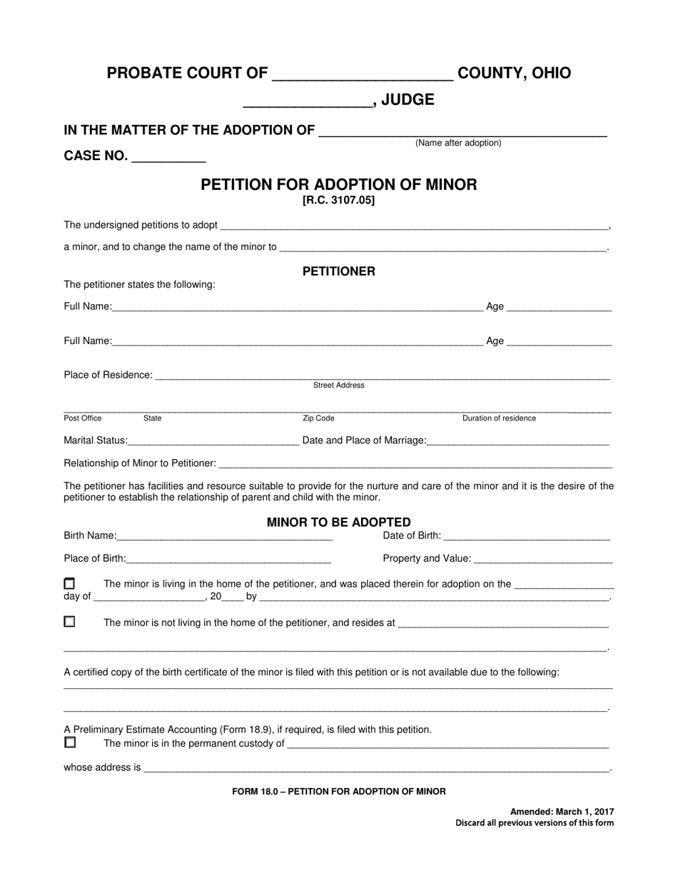 Form 18.0 Petition for Adoption of Minor - Ohio, Page 1