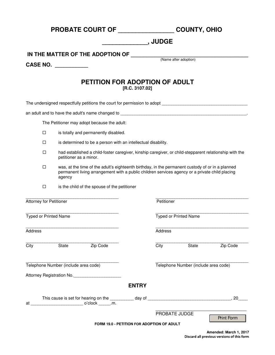 Form 19.0 Petition for Adoption of Adult - Ohio, Page 1