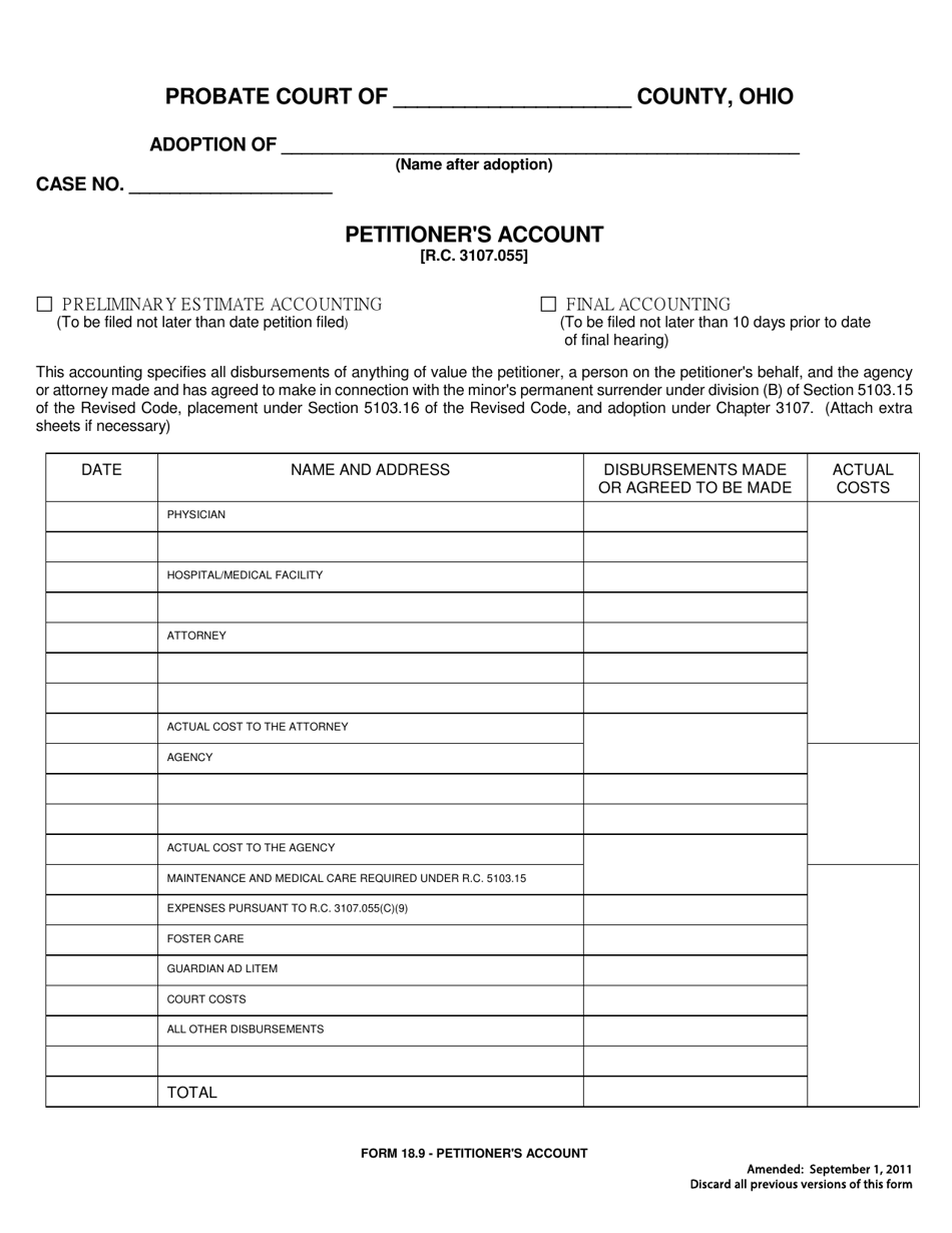 Form 18.9 Petitioners Account - Ohio, Page 1