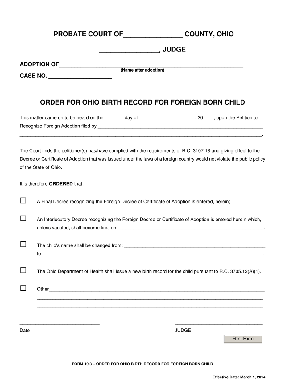 Form 19.3 Order for Ohio Birth Record for Foreign Born Child - Ohio, Page 1
