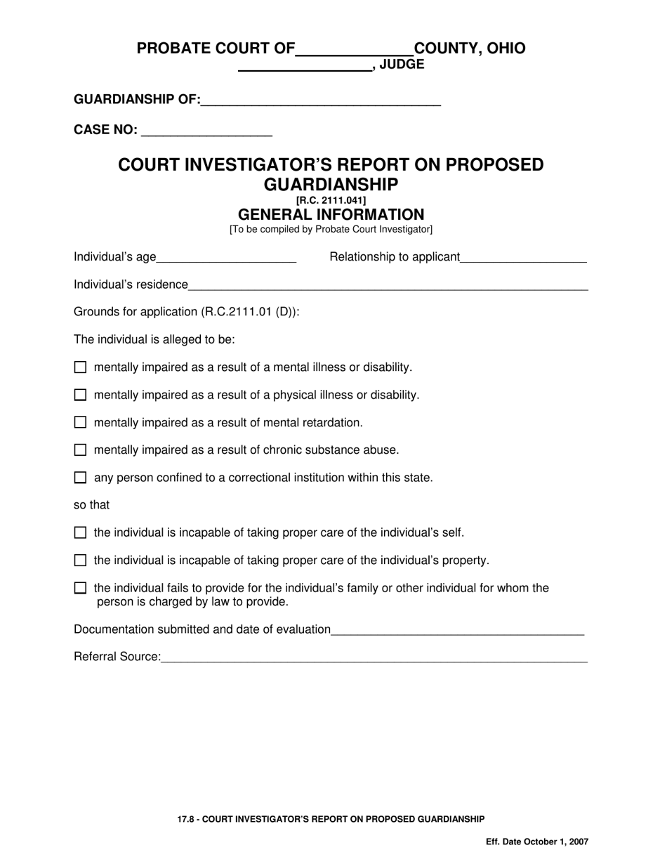 Form 17.8 Court Investigators Report on Proposed Guardianship - Ohio, Page 1