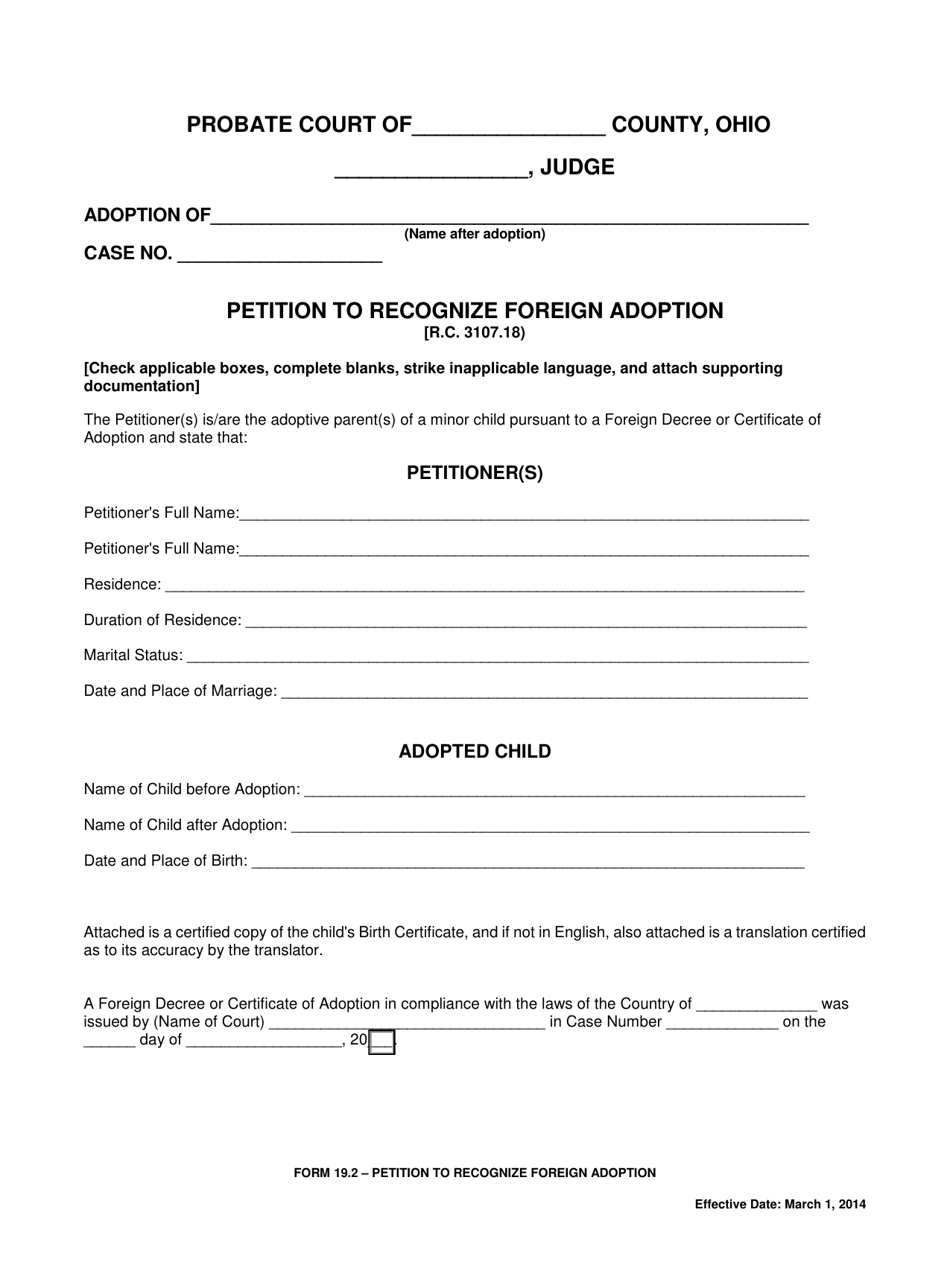 Form 19.2 Petition to Recognize Foreign Adoption - Ohio, Page 1