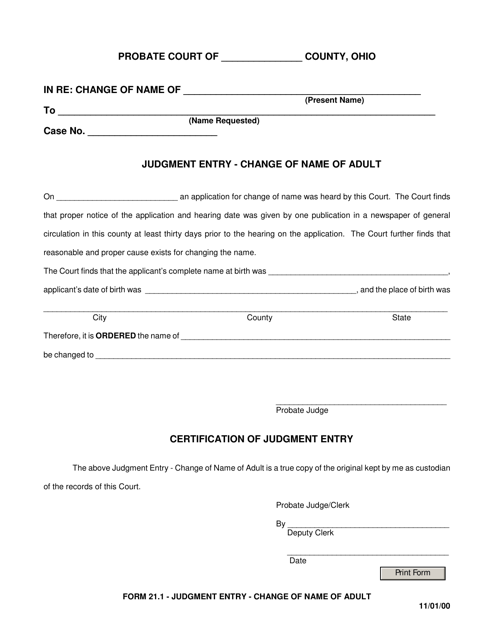 Form 21.1 Judgment Entry - Change of Name of Adult - Ohio