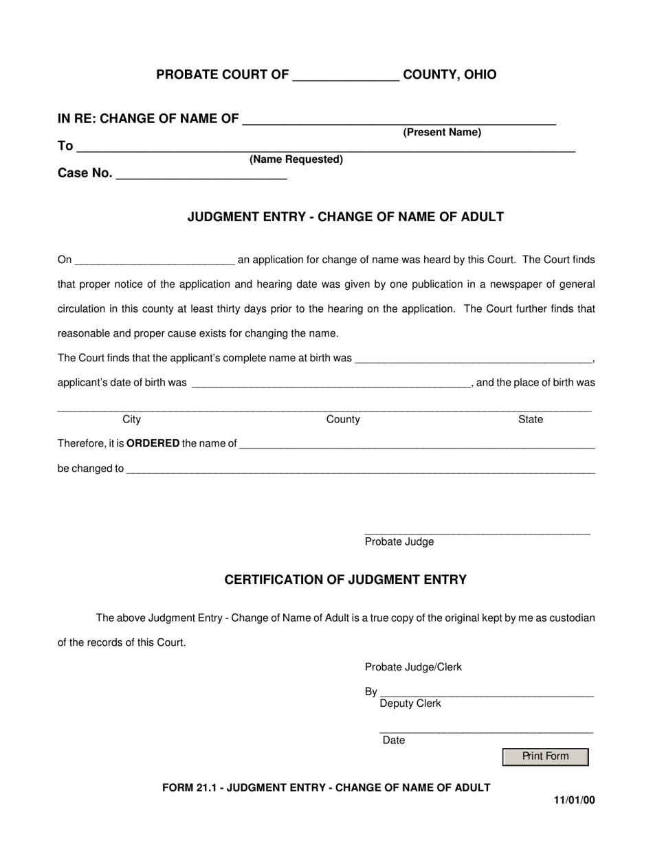 Form 21.1 Judgment Entry - Change of Name of Adult - Ohio, Page 1
