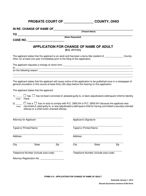 Form 21.0 Application for Change of Name of Adult - Ohio