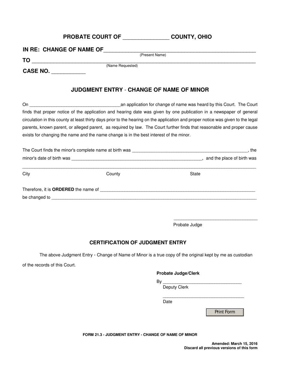 Form 21.3 Judgment Entry - Change of Name of Minor - Ohio, Page 1