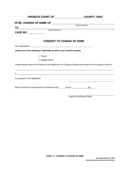 Form 21.4 Consent to Change of Name - Ohio
