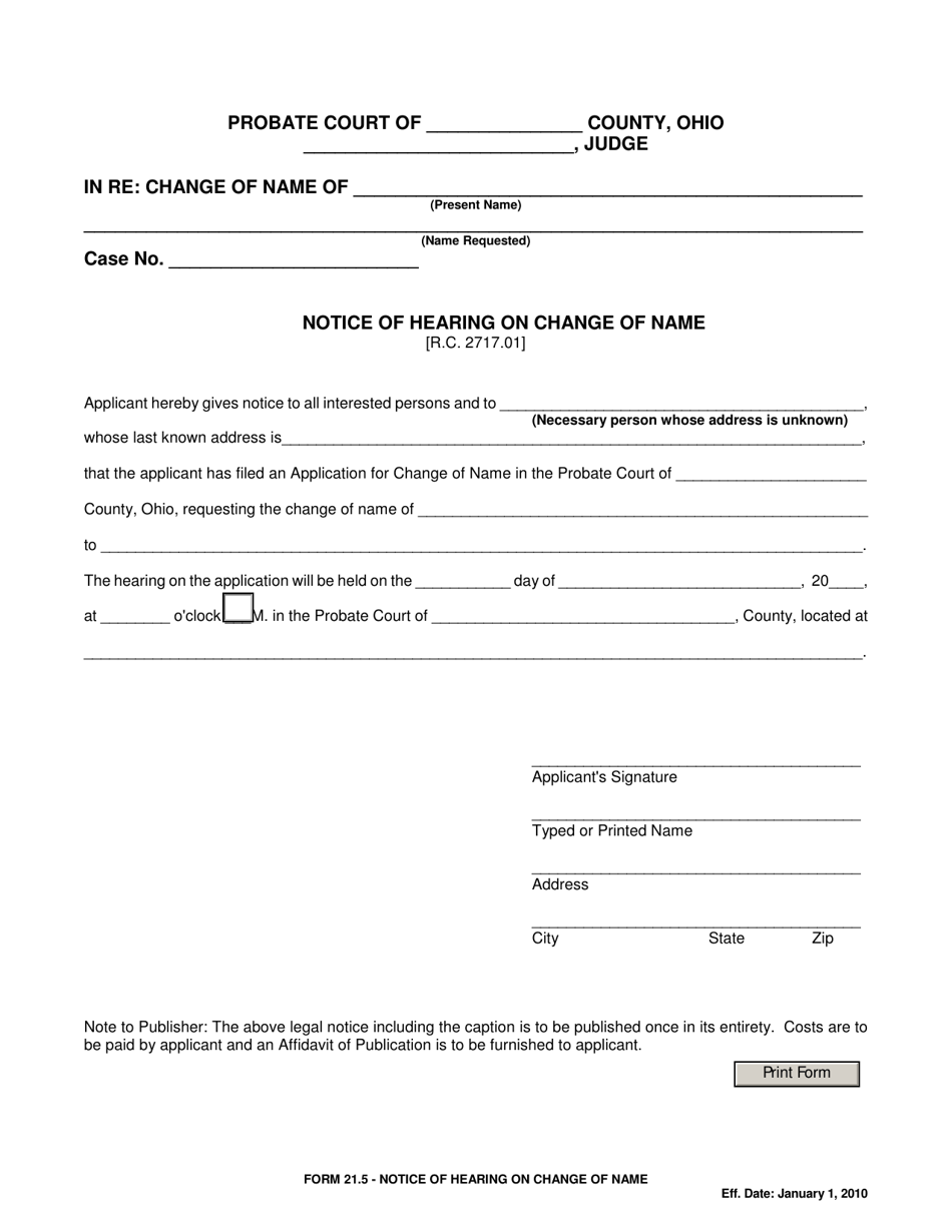 Form 21.5 Notice of Hearing on Change of Name - Ohio, Page 1