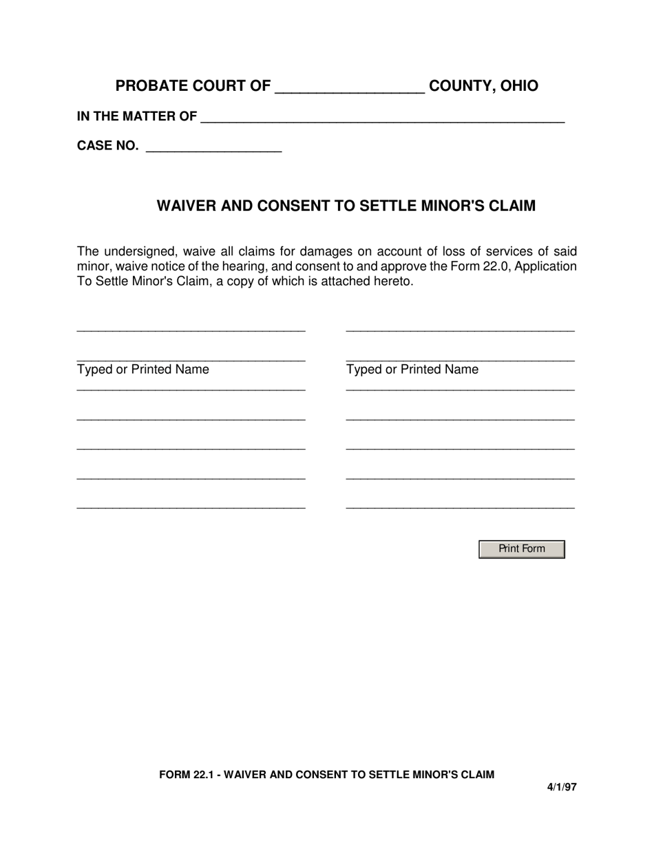 Form 22.1 Waiver and Consent to Settle Minors Claim - Ohio, Page 1