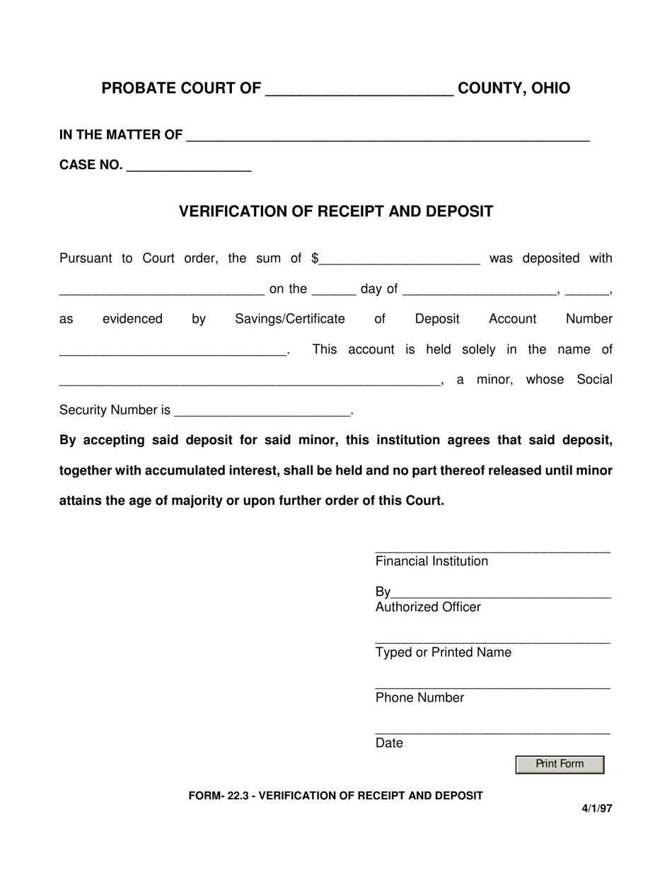 Form 22.3 Verification of Receipt and Deposit - Ohio, Page 1