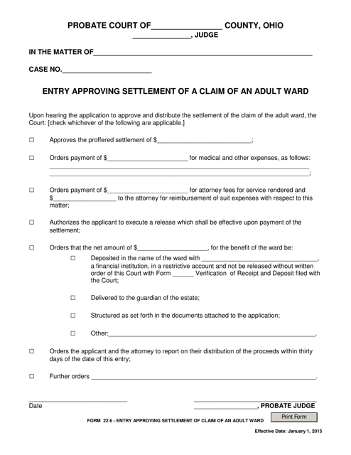 Form 22.6 Entry Approving Settlement of a Claim of an Adult Ward - Ohio