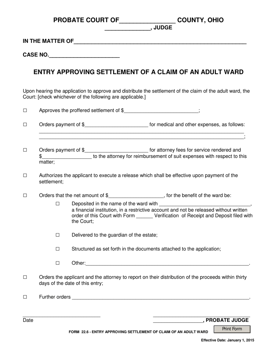 Form 22.6 Entry Approving Settlement of a Claim of an Adult Ward - Ohio, Page 1