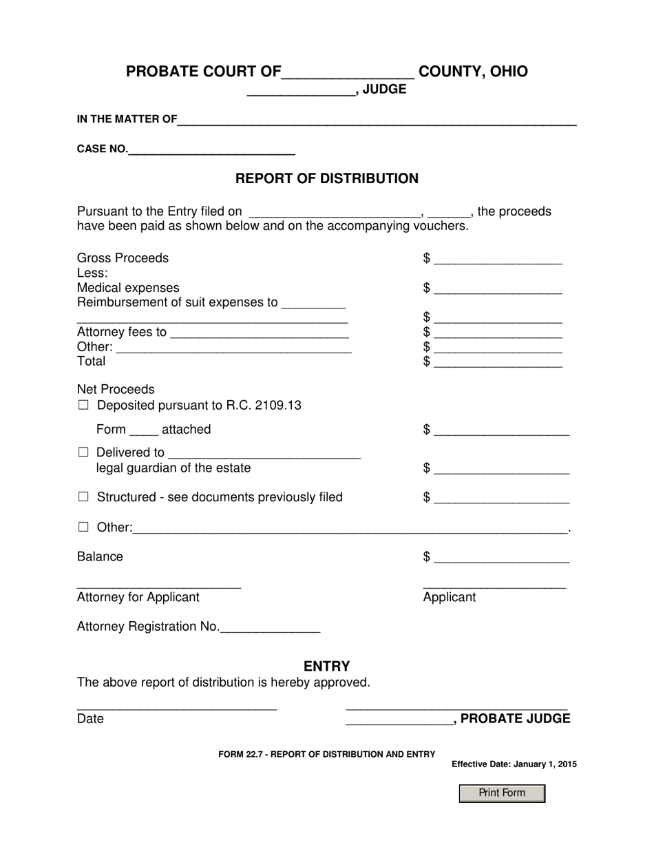 Form 22.7 Report of Distribution - Ohio, Page 1