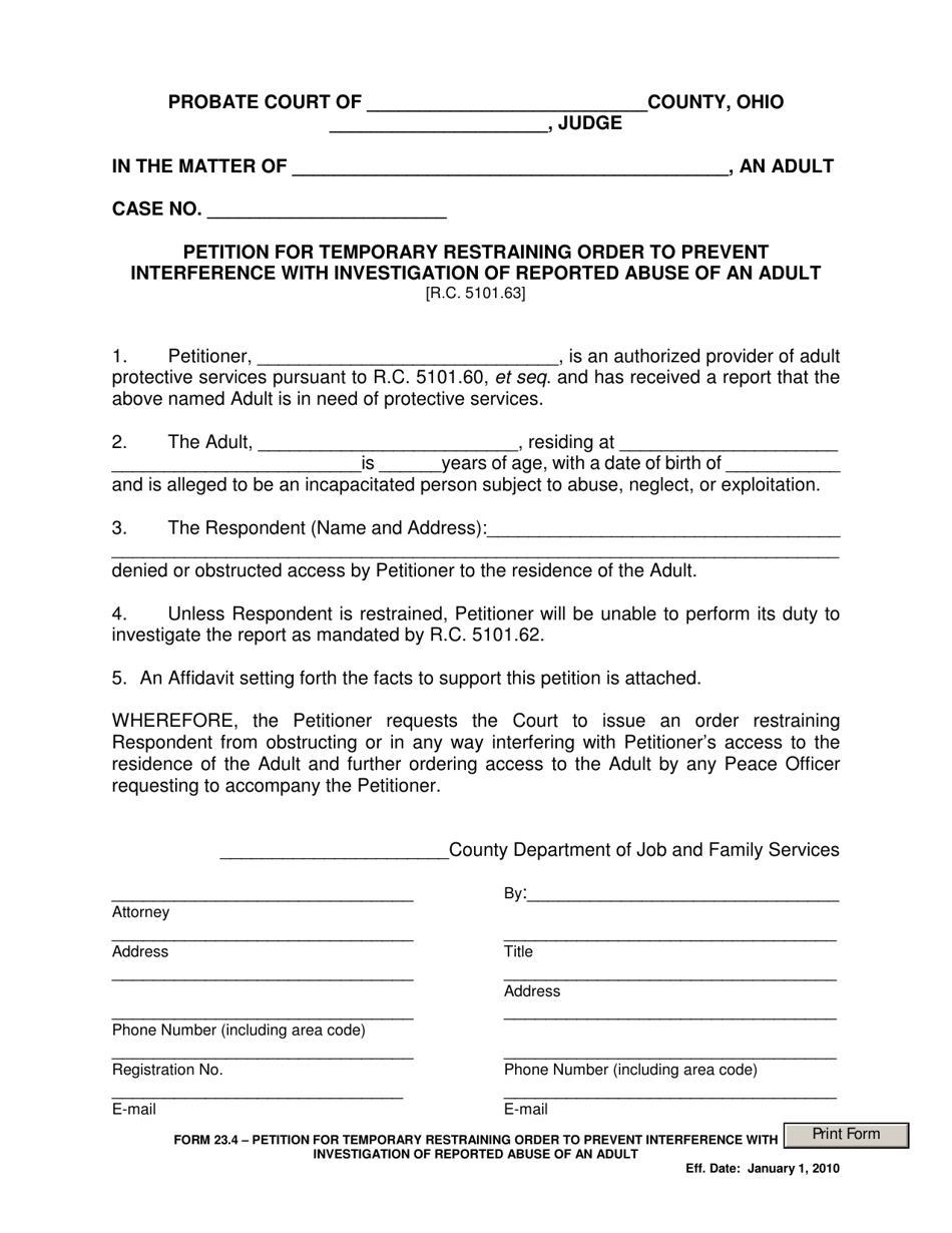 Form 23.4 Petition for Temporary Restraining Order to Prevent Interference With Investigation of Reported Abuse of an Adult - Ohio, Page 1