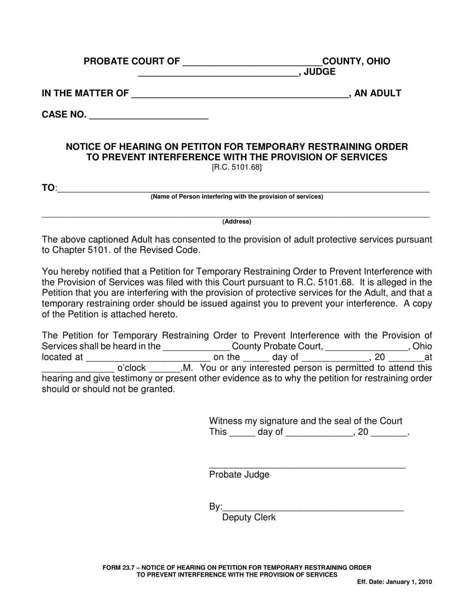 Form 23.7 Notice of Hearing on Petition for Temporary Restraining Order to Prevent Interference With the Provision of Services - Ohio, Page 1