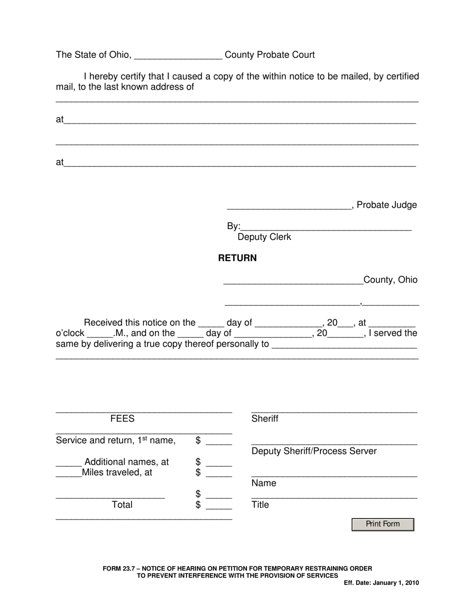 Form 23.7 Notice of Hearing on Petition for Temporary Restraining Order to Prevent Interference With the Provision of Services - Ohio, Page 2