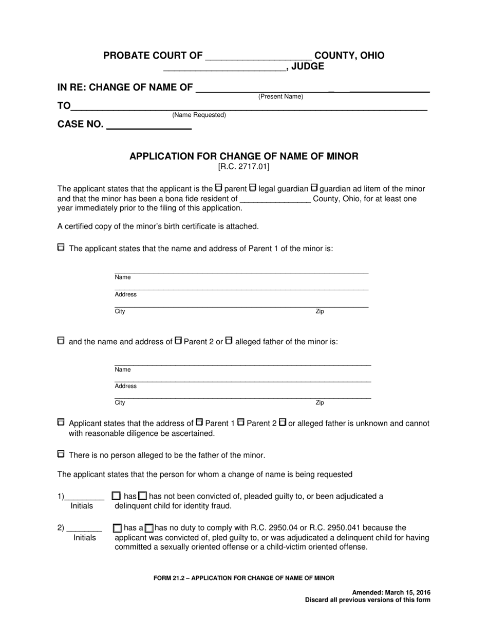 Form 21.2 Application for Change of Name of Minor - Ohio, Page 1