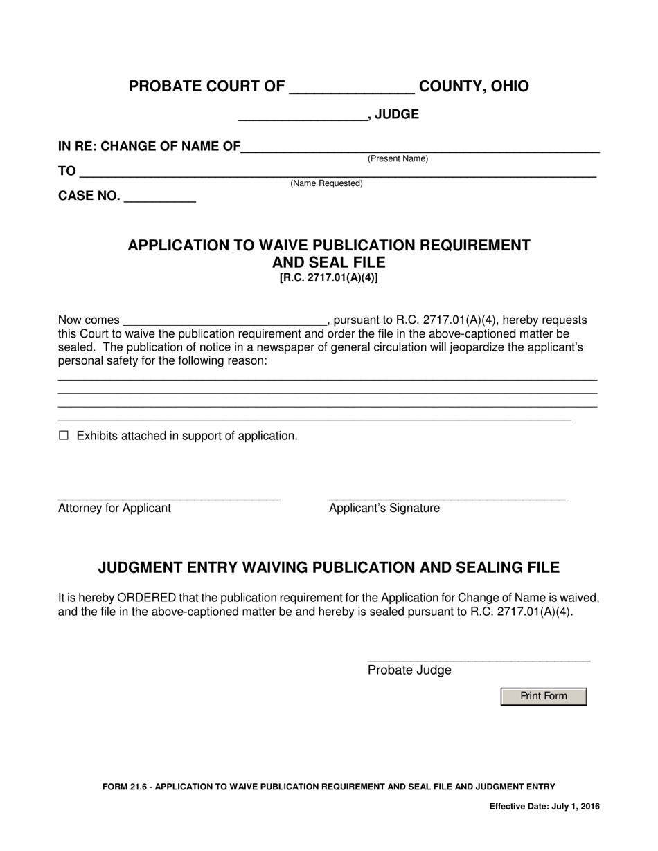 Form 21.6 Application to Waive Publication Requirement and Seal File - Ohio, Page 1