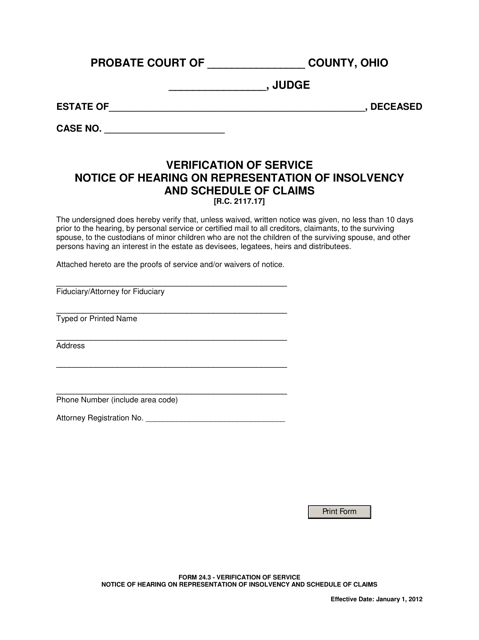 Form 24.3 Verification of Service Notice of Hearing on Representation of Insolvency and Schedule of Claims - Ohio