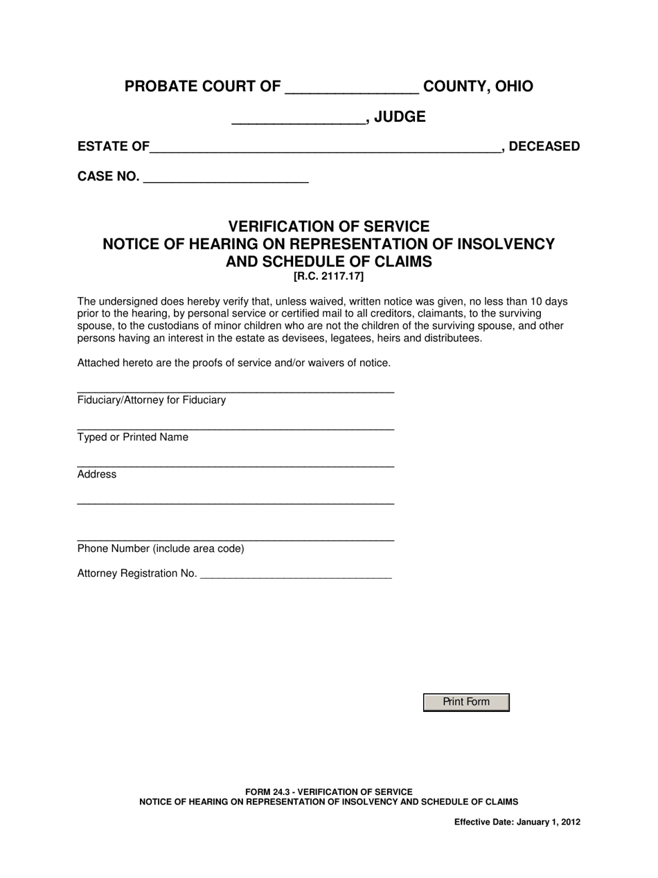Form 24.3 Verification of Service Notice of Hearing on Representation of Insolvency and Schedule of Claims - Ohio, Page 1