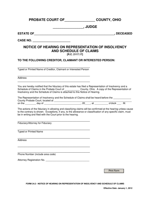 Form 24.2 Notice of Hearing on Representation of Insolvency and Schedule of Claims - Ohio