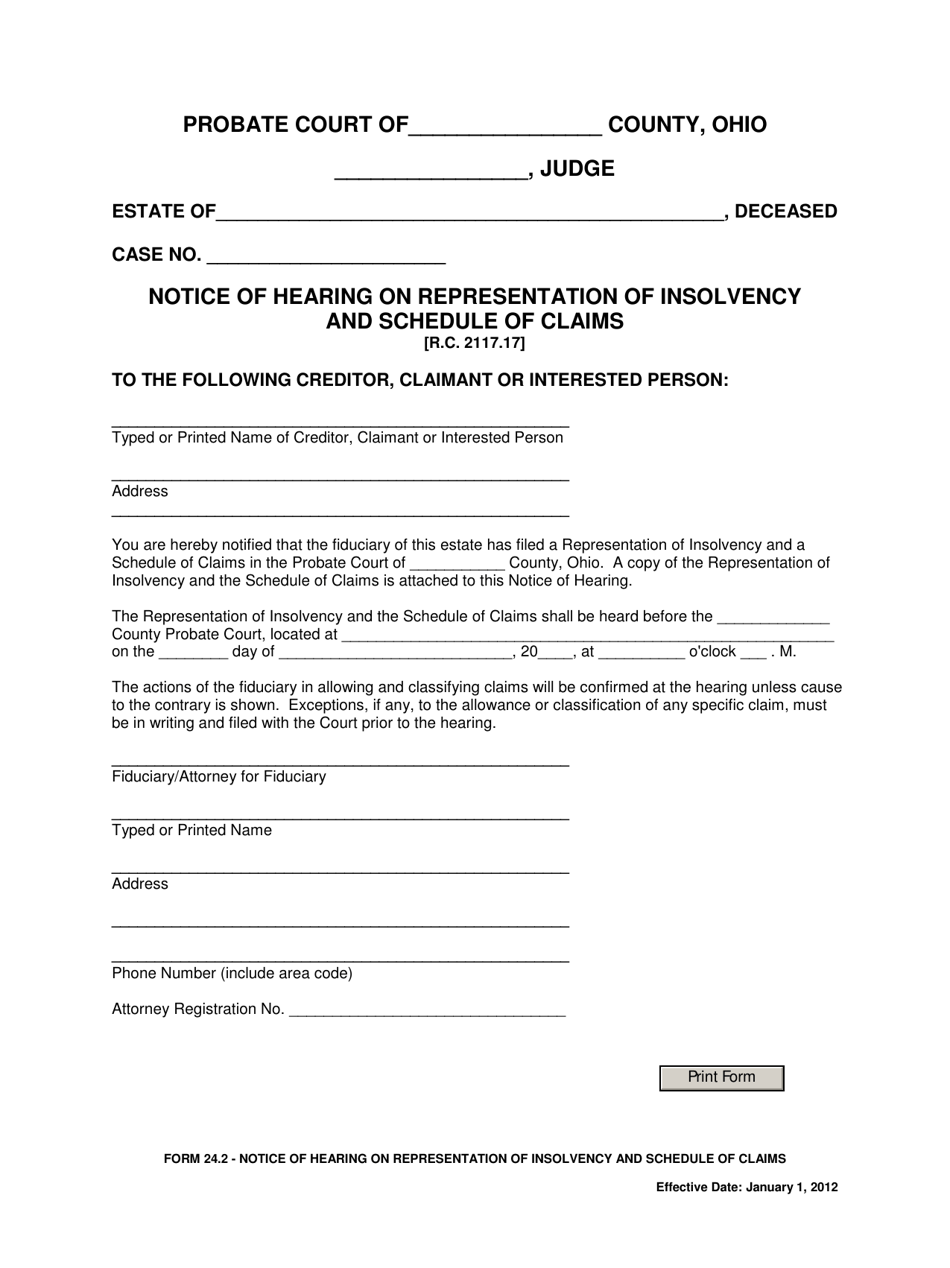 Form 24.2 Notice of Hearing on Representation of Insolvency and Schedule of Claims - Ohio, Page 1