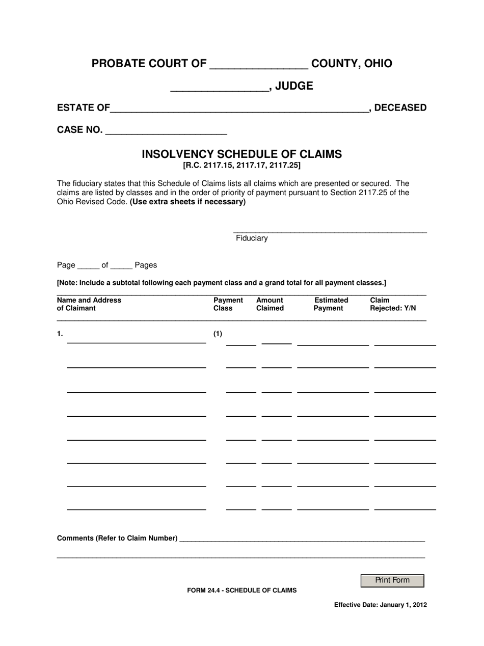 Form 24.4 Insolvency Schedule of Claims - Ohio, Page 1