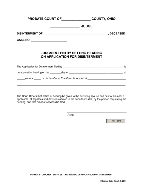 Form 25.1 Judgment Entry Setting Hearing on Application for Disinterment - Ohio