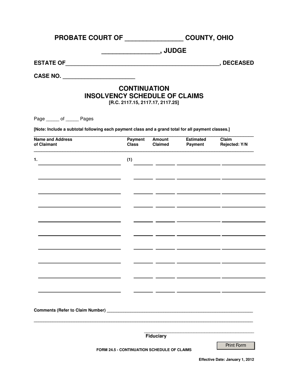 Form 24.5 Continuation Insolvency Schedule of Claims - Ohio, Page 1
