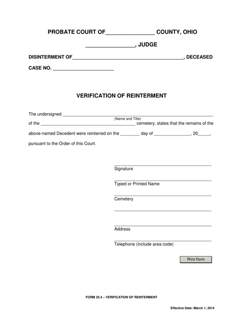 Form 25.4 Verification of Reinterment - Ohio