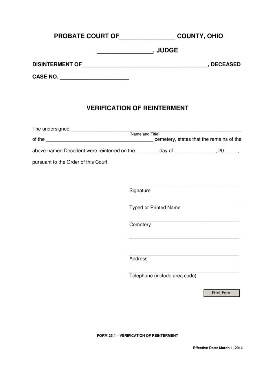 Form 25.4 Verification of Reinterment - Ohio, Page 1