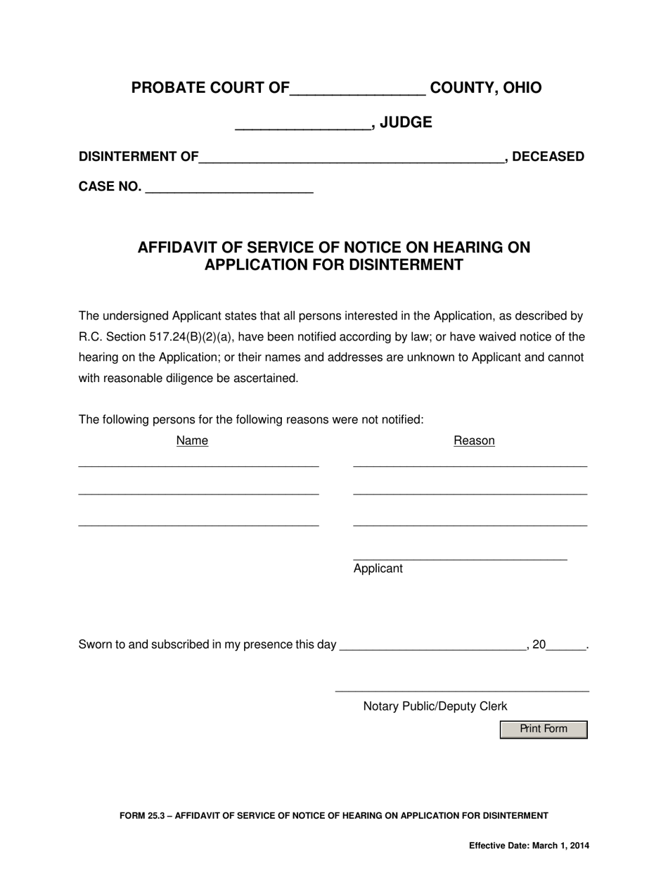 Form 25.3 Affidavit of Service of Notice on Hearing on Application for Disinterment - Ohio, Page 1