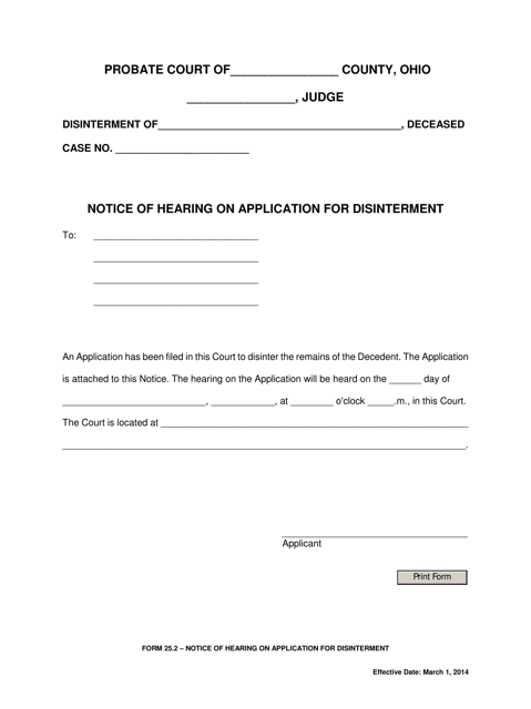 Form 25.2 Notice of Hearing on Application for Disinterment - Ohio
