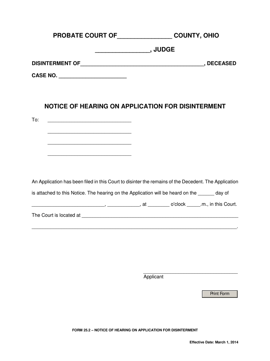 Form 25.2 Notice of Hearing on Application for Disinterment - Ohio, Page 1