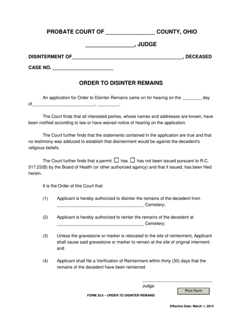 Form 25.6 Order to Disinter Remains - Ohio