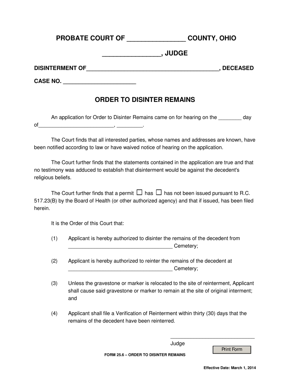 Form 25.6 Order to Disinter Remains - Ohio, Page 1