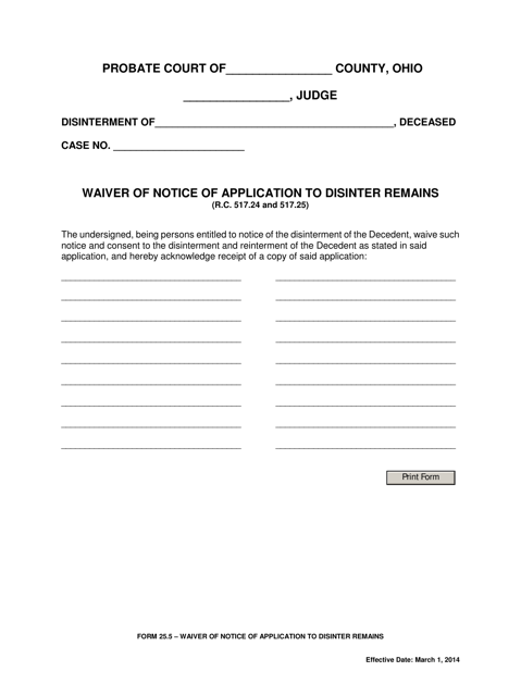 Form 25.5 Waiver of Notice of Application to Disinter Remains - Ohio