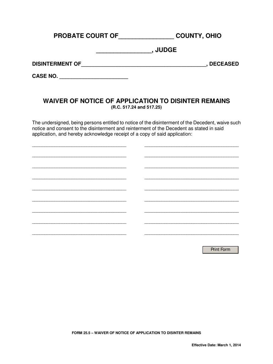 Form 25.5 Waiver of Notice of Application to Disinter Remains - Ohio, Page 1