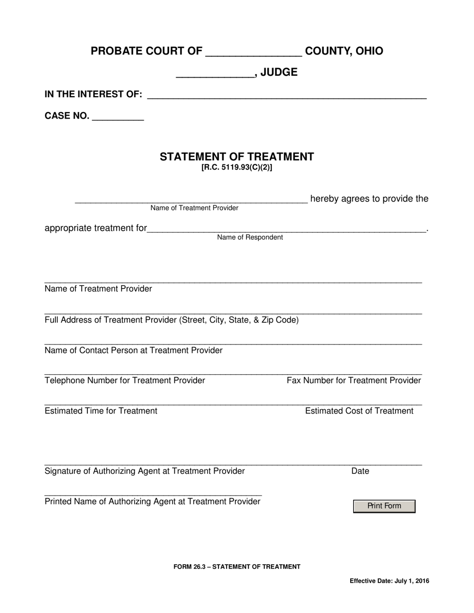 Form 26.3 Statement of Treatment - Ohio, Page 1