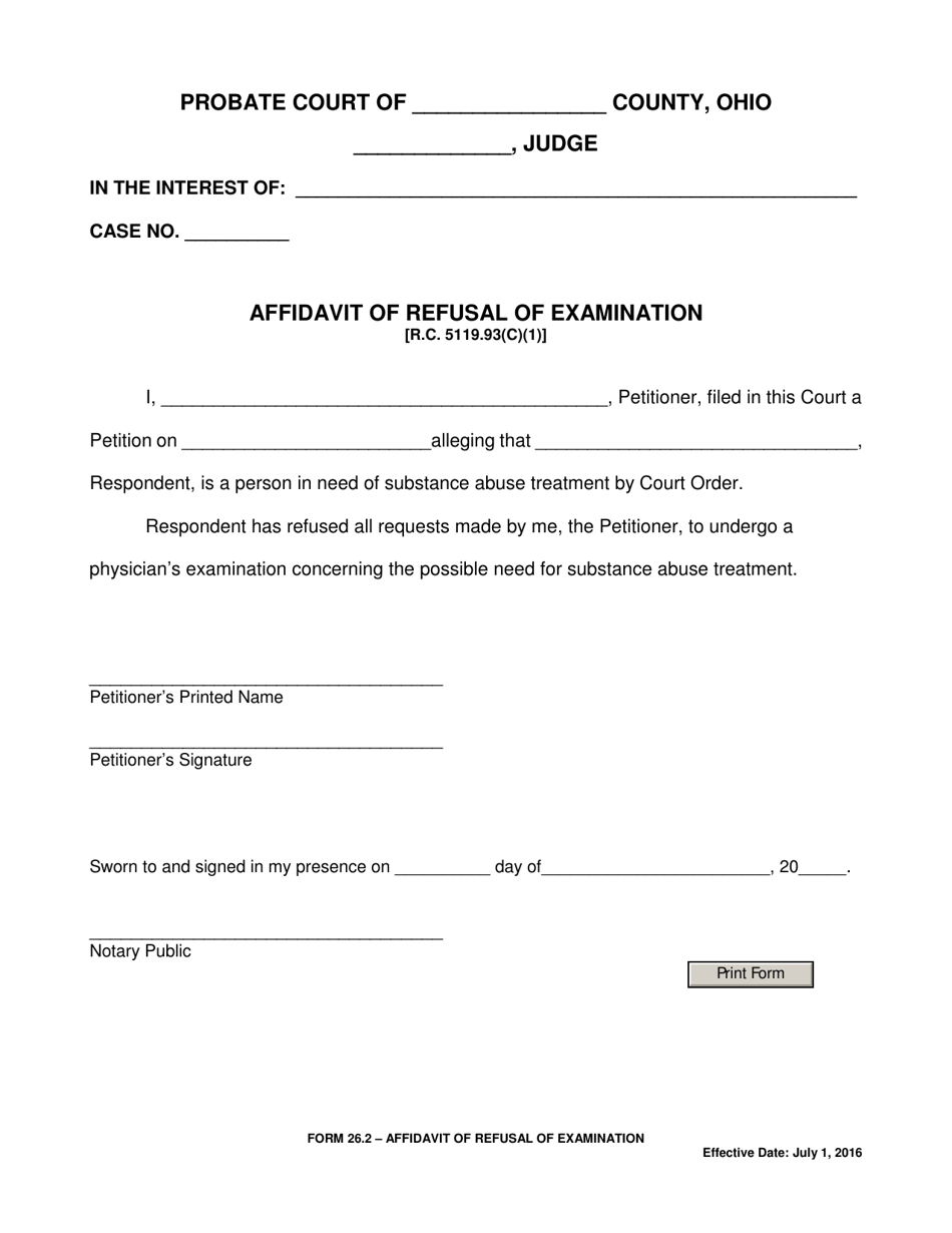 Form 26.2 Affidavit of Refusal of Examination - Ohio, Page 1