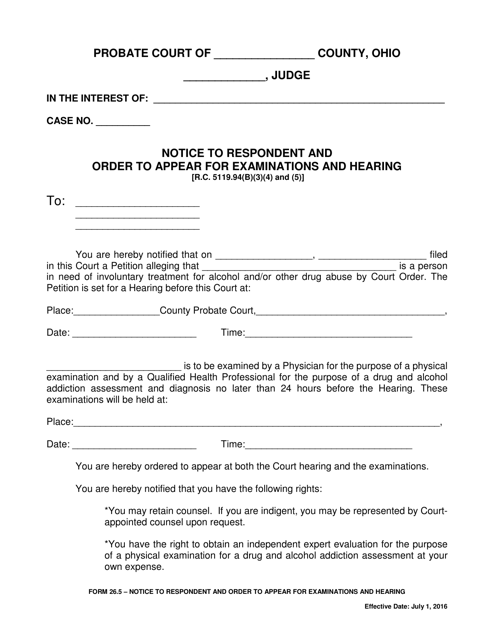 Form 26.5 Notice to Respondent and Order to Appear for Examinations and Hearing - Ohio
